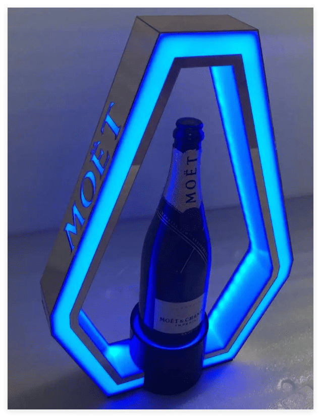 Custom LED bottle presenter made with cut and assembled metal and acrylic panels
